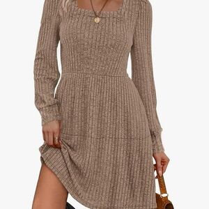 Womens Square Neck Long Sleeve Casual Babydoll Sweater Dress Khaki size L